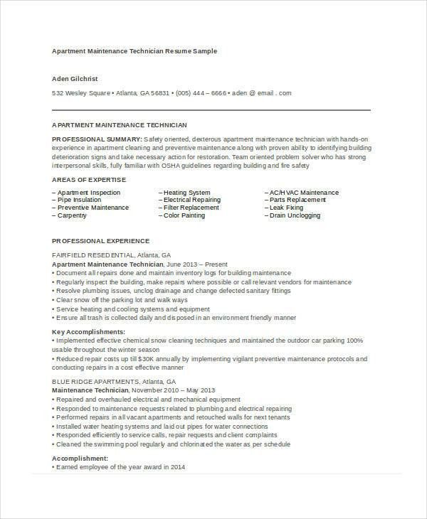building maintenance technician resume samples