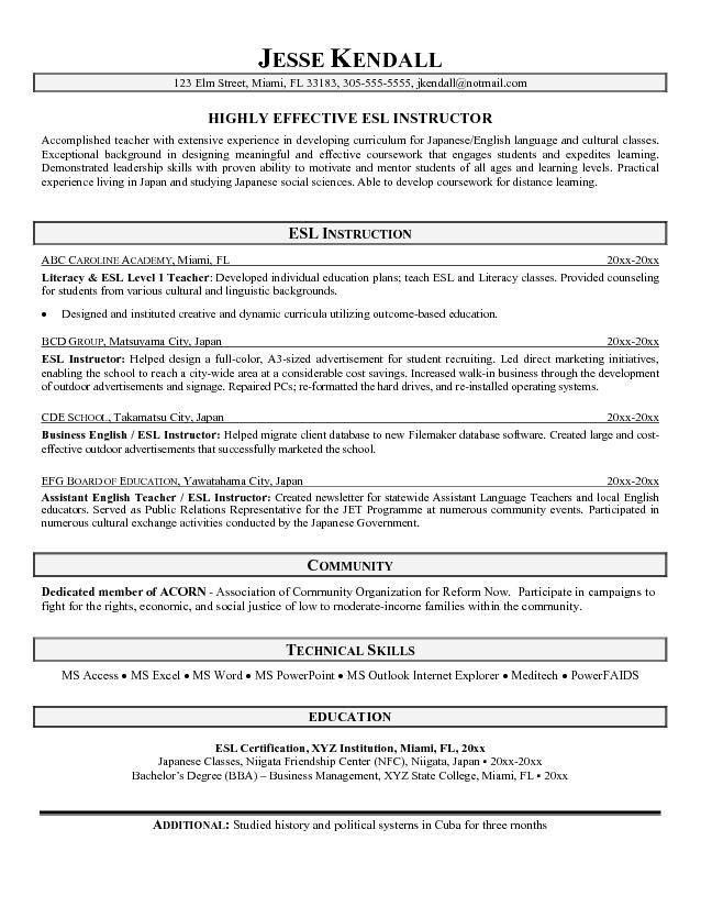 esl resume examples
