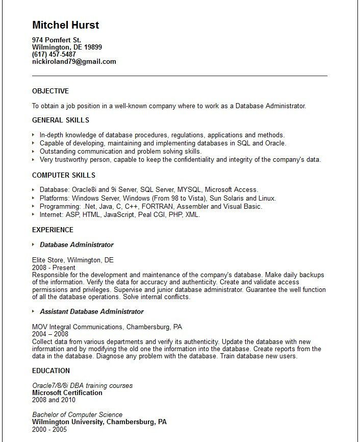 sql dba resume sample
