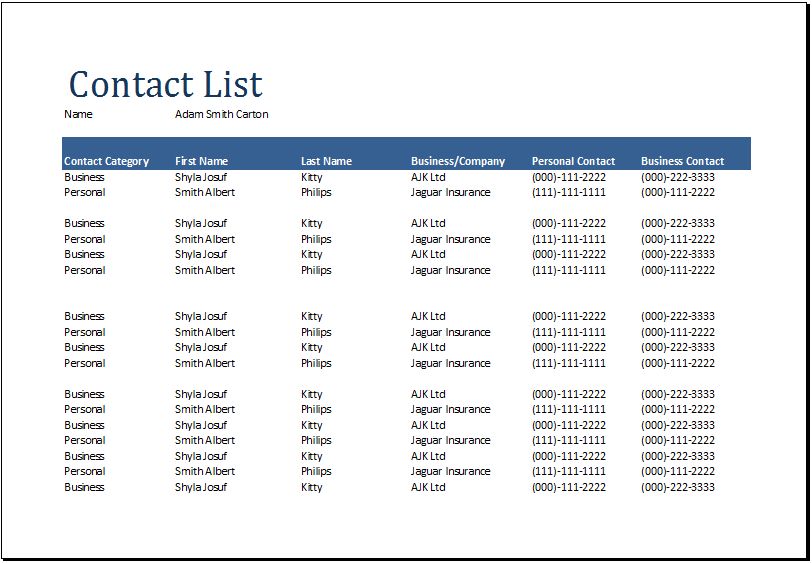 business contacts template
