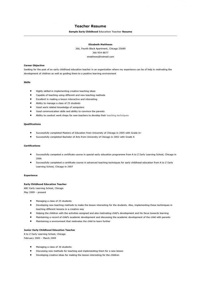 preschool teacher resume objective examples