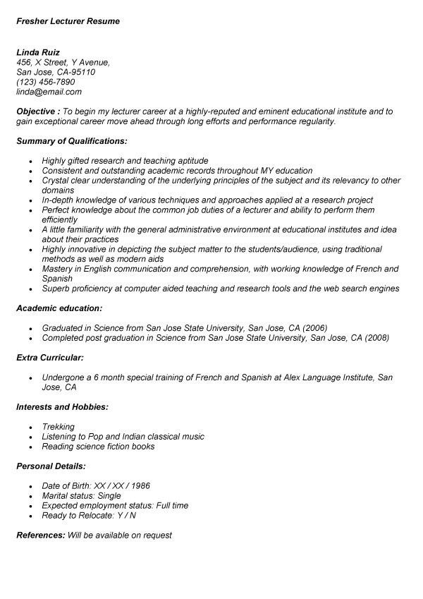 lecturer resume sample