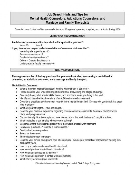 sample resume mental health counselor