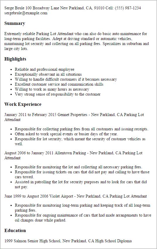 valet parking resume sample