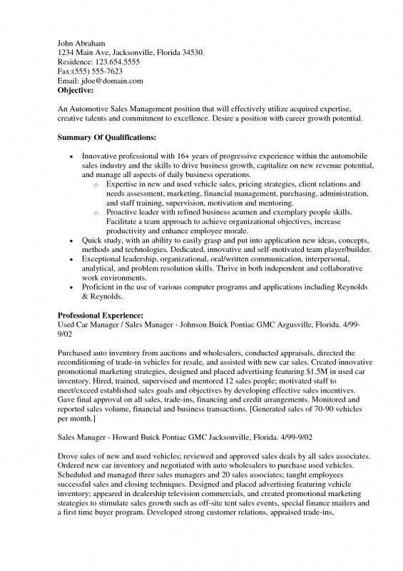 automotive sales manager resume