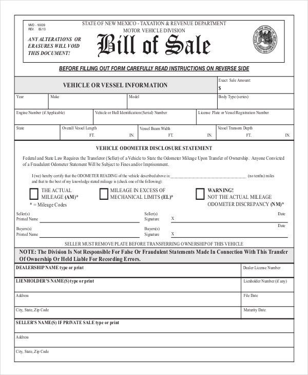 automotive bill of sale free