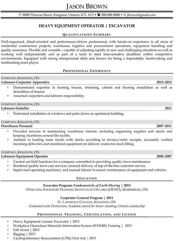 resume for heavy equipment operator