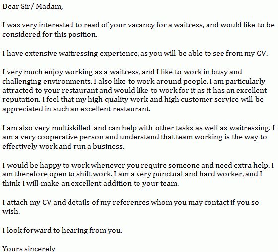 waitress cover letter sample