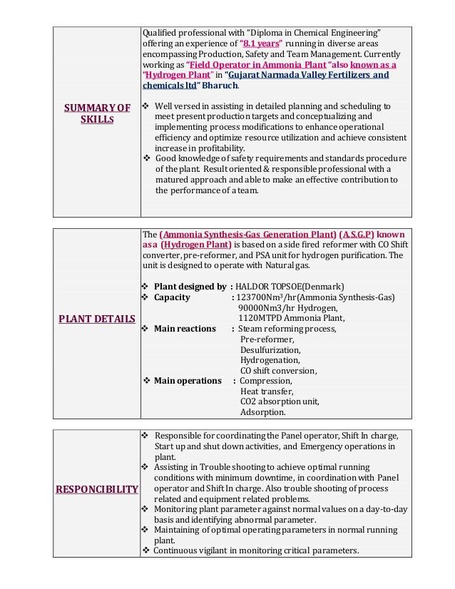 field operator sample resume click here to download this chemical plant operator resume