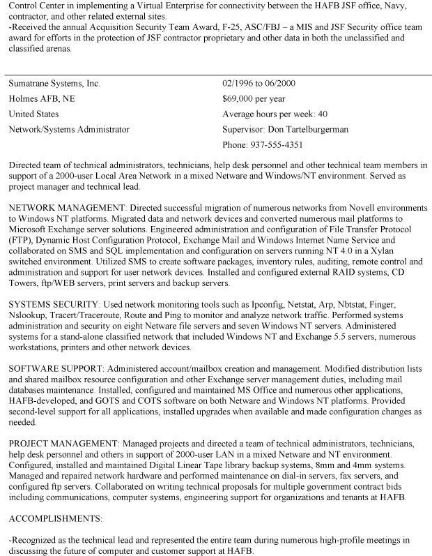 federal jobs resume sample