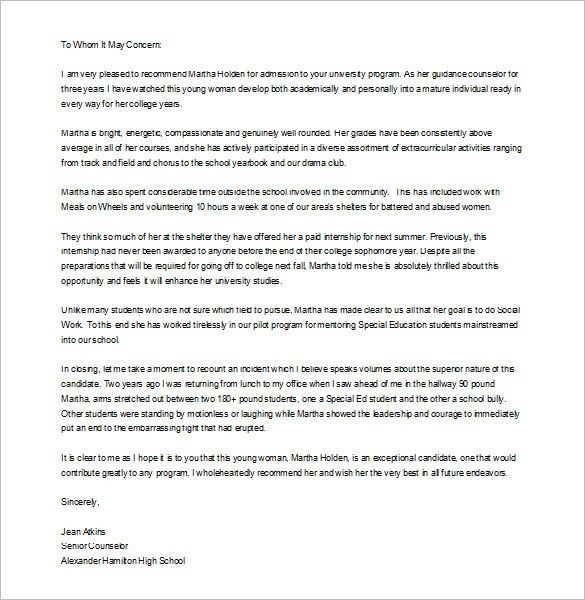 internship letter of recommendation