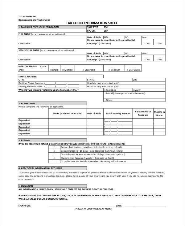 client information sheet template