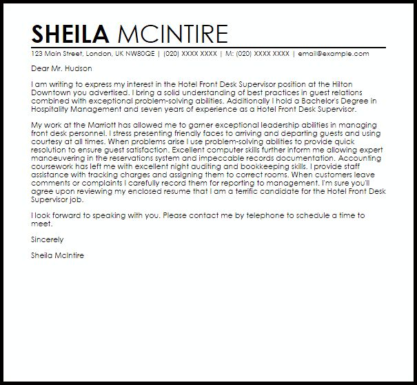 hotel job cover letter
