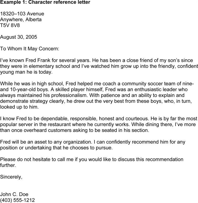 personal letter of recommendation character reference