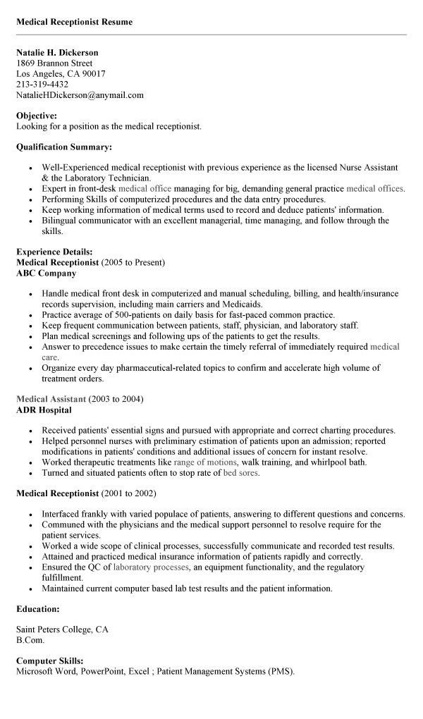medical receptionist resume samples