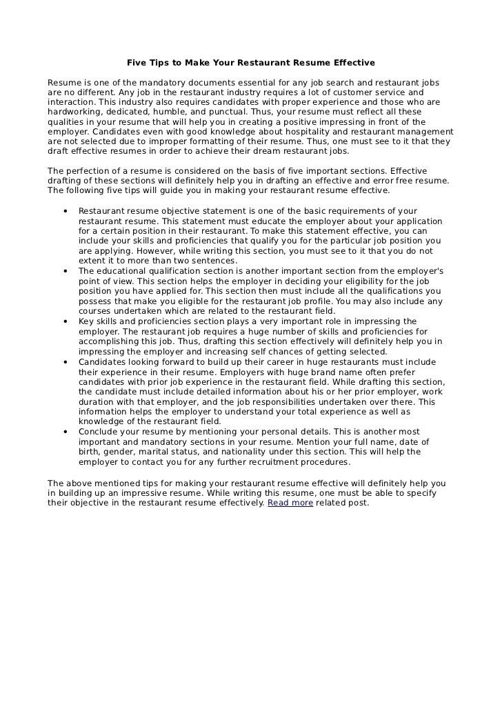 resume example restaurant