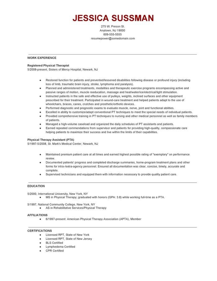 physical therapist resume template