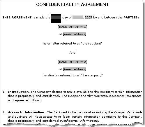 confidential agreement sample