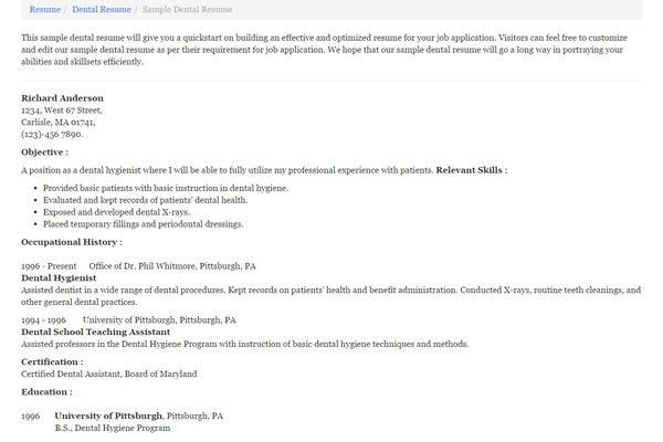 sample dentist resume
