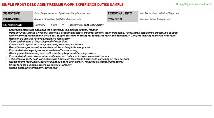 front desk agent resume