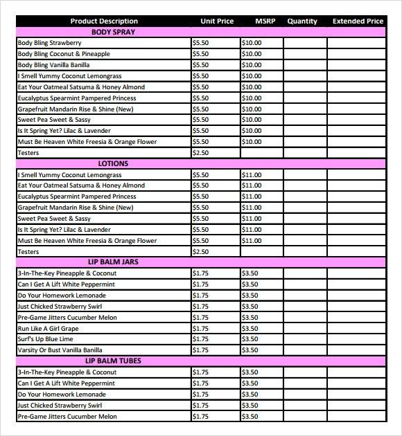 price sheet template