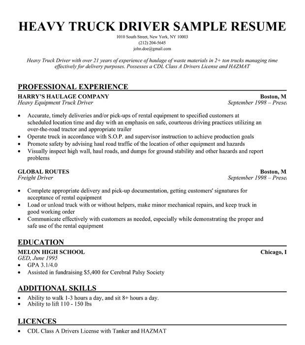 truck driver resume sample