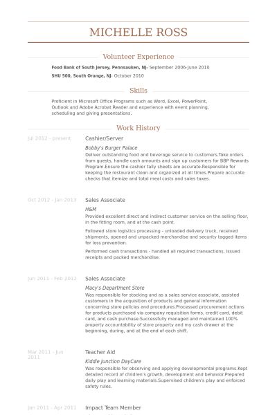 food and beverage server resumes