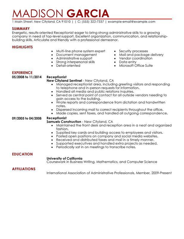 resume format for receptionist