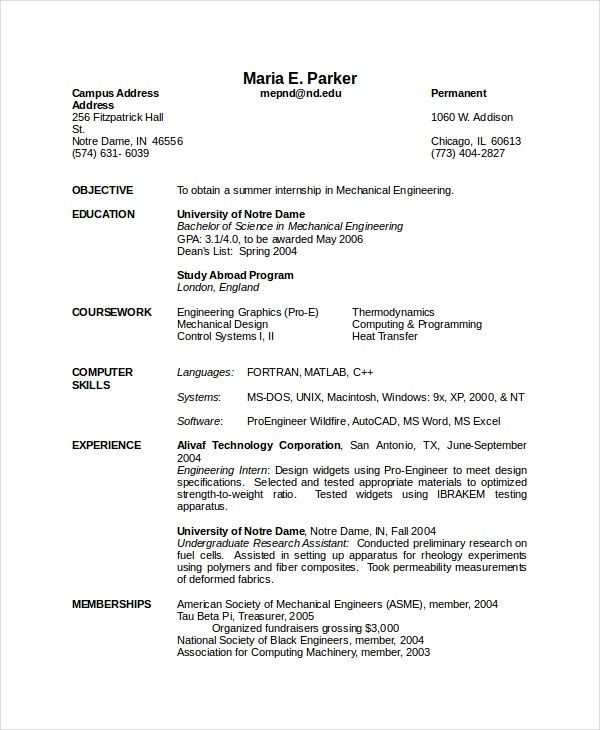 mechanical engineering internship resume