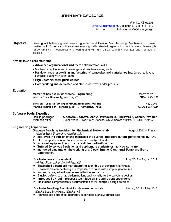 resume for manufacturing
