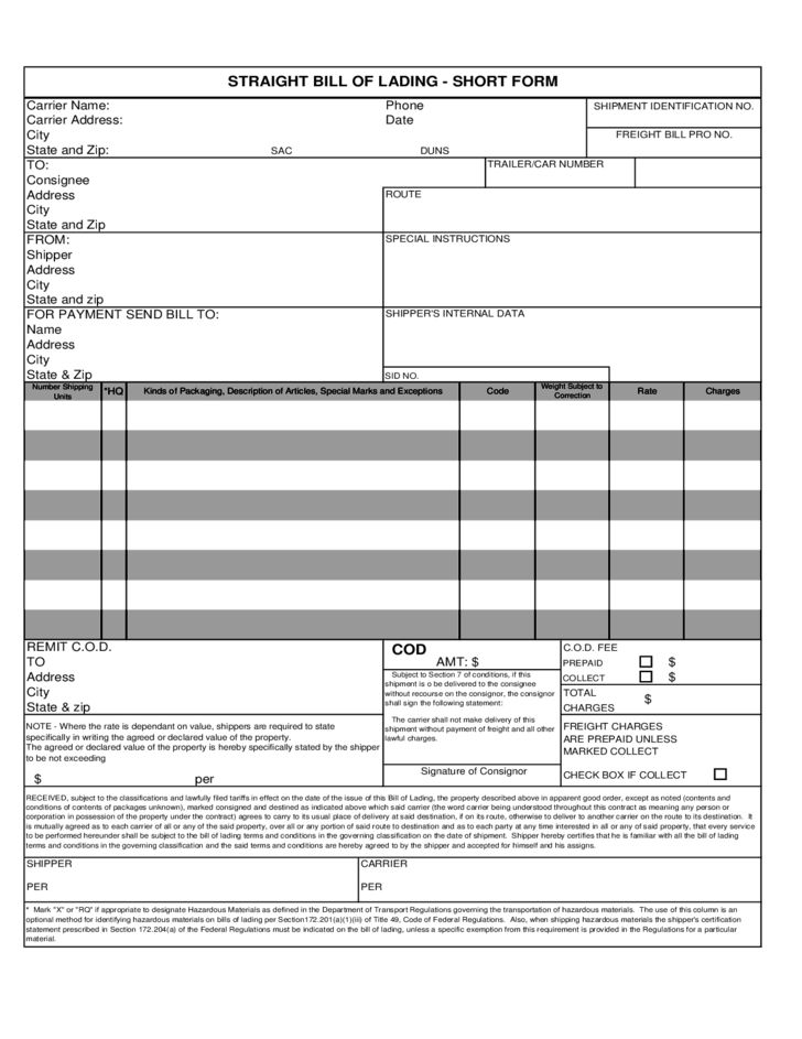 straight bill of lading short form template free
