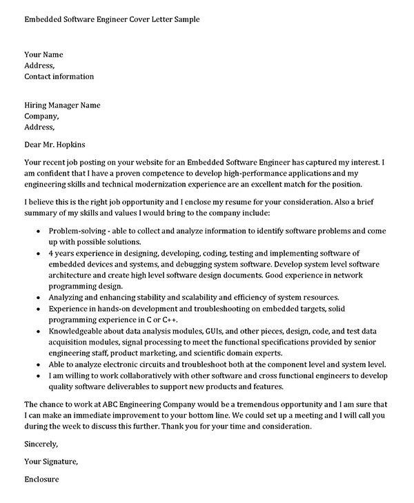 embedded software engineer cover letter