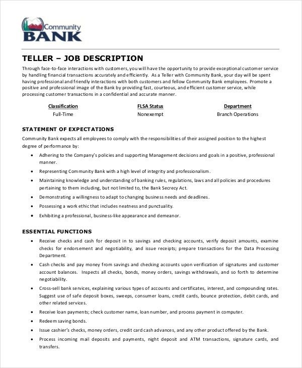 teller description for resumes