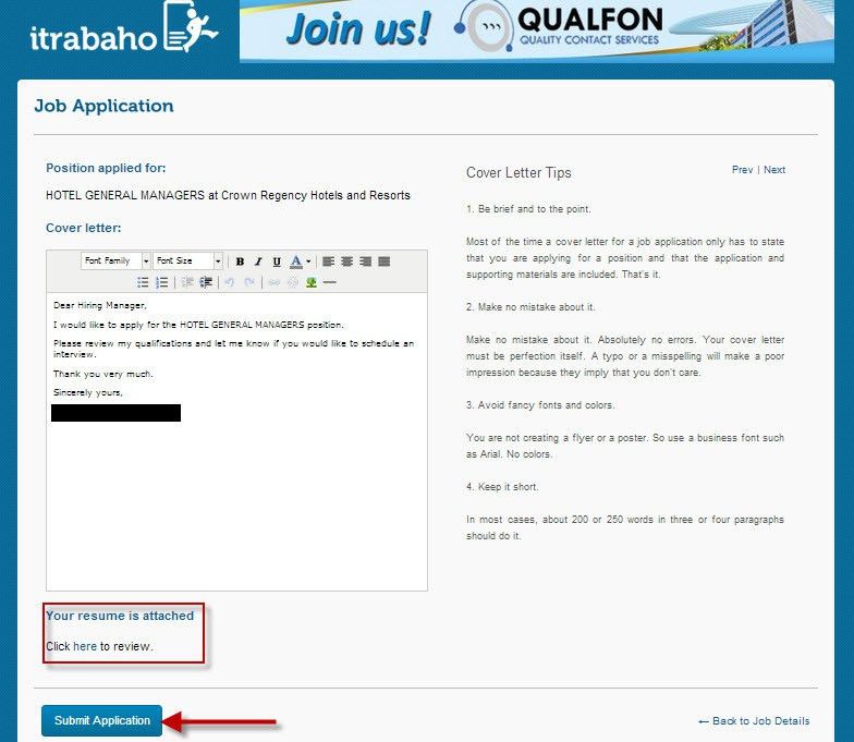 online application cover letters