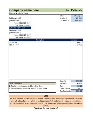 work estimation template