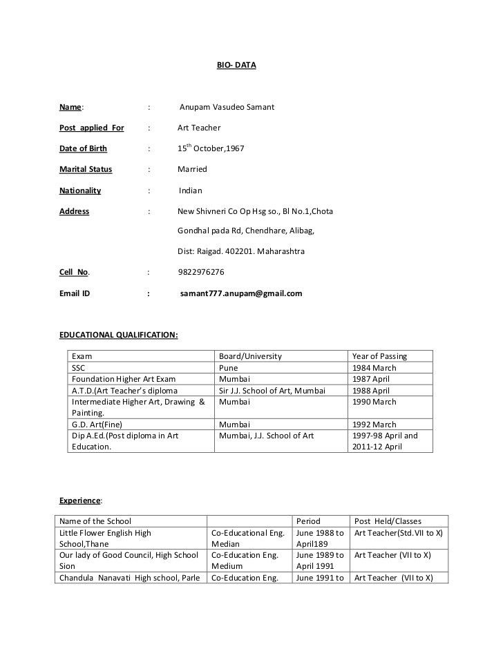 resume biodata samples