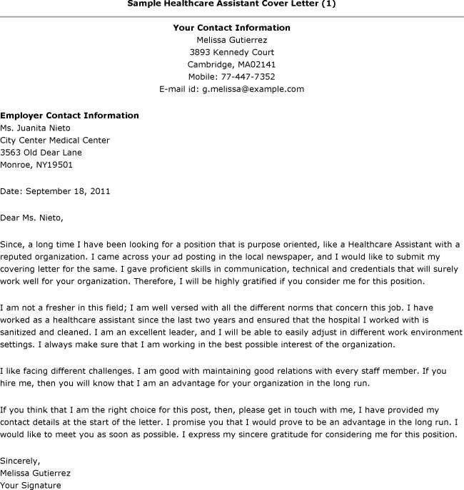 cover letter for care assistant job
