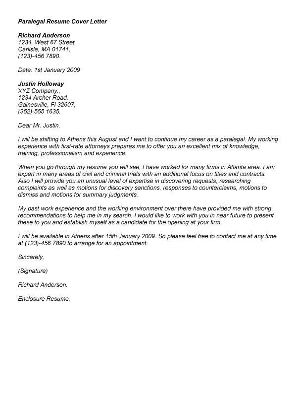 sample paralegal cover letters