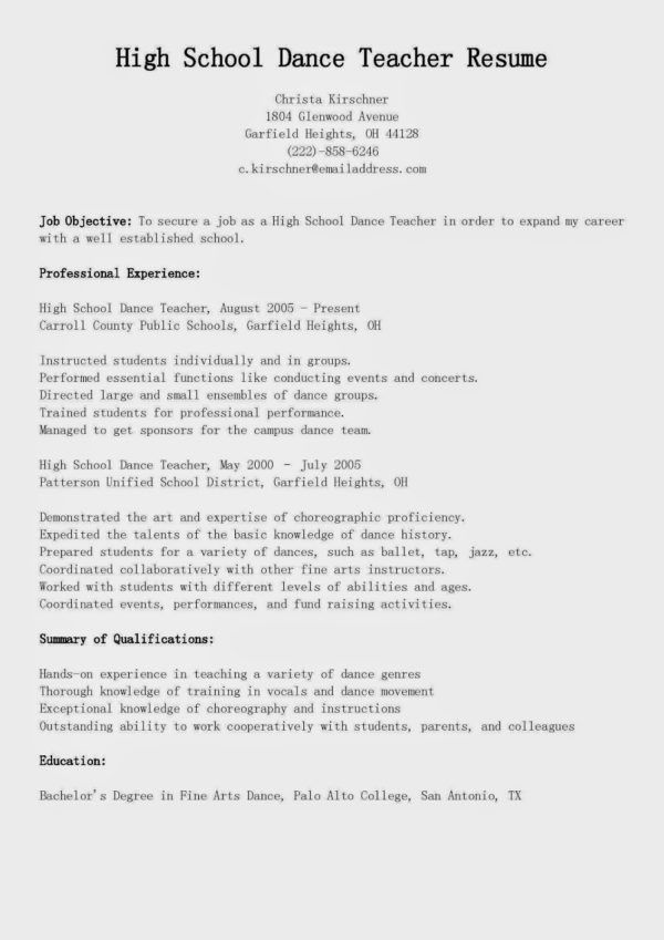 resume for dance teacher