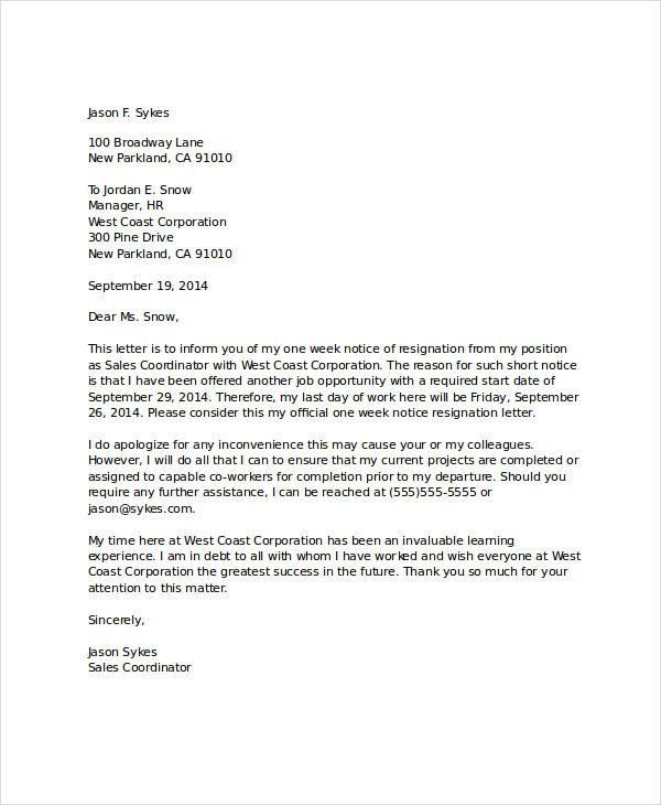 standard resignation letter template