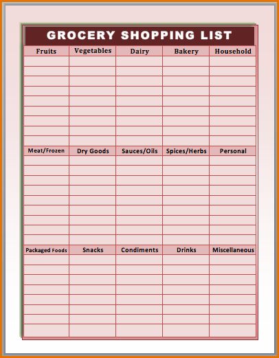 grocery list template word