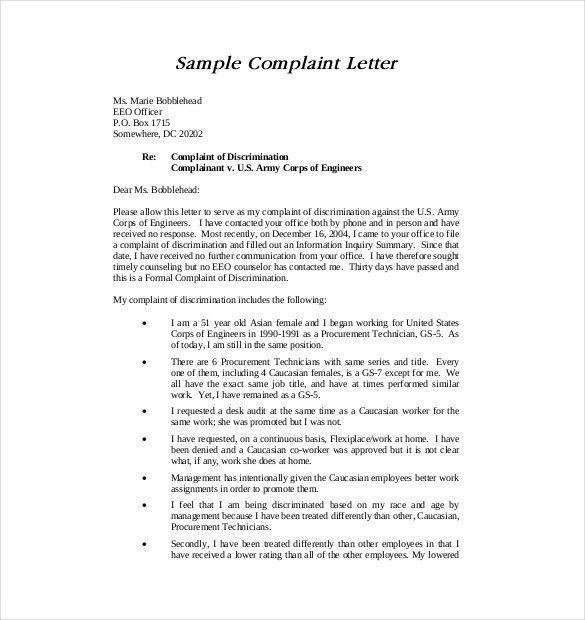 letters of complaints samples