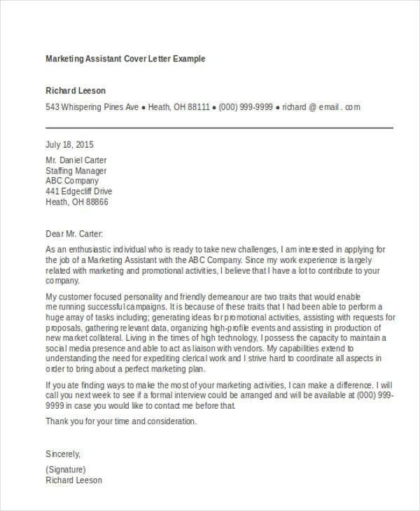 cover letter marketing assistant