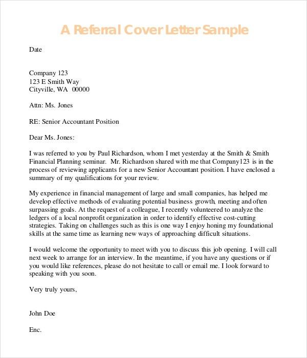 cover letter sample referral