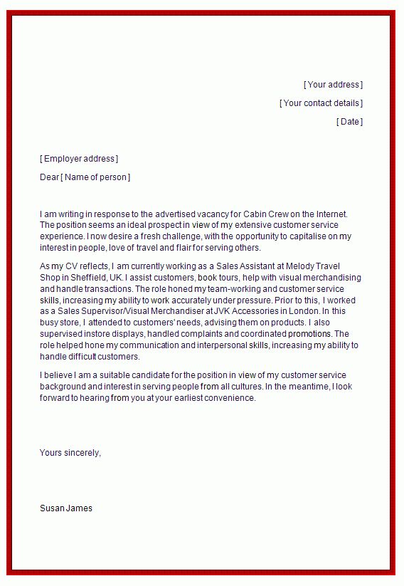 cabin crew cover letter sample