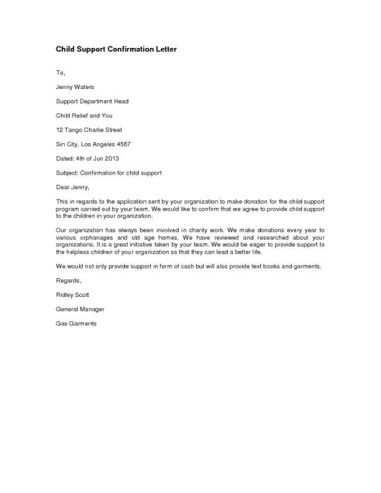 child support agreement letter sample
