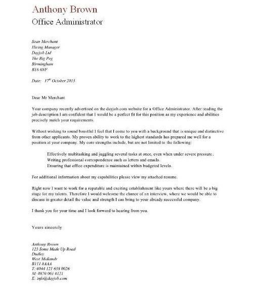 office administrator cover letters