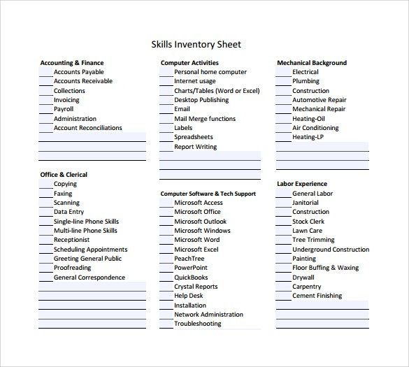 Skills Inventory Template - Resume Template Sample