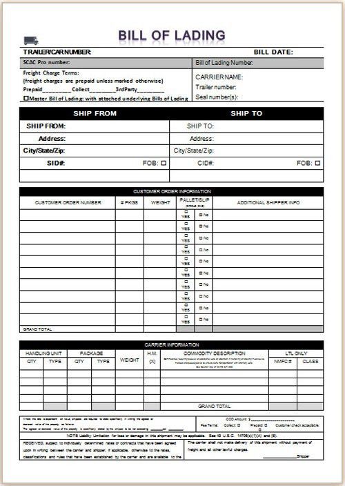 free bill of lading template excel