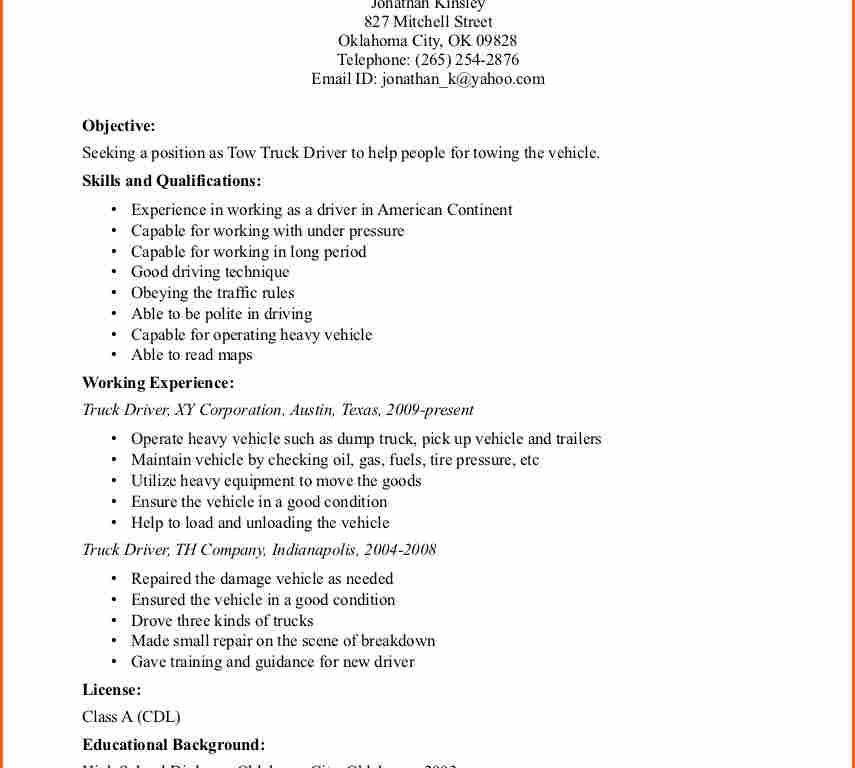 tow truck driver resume